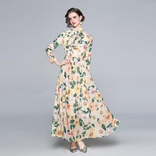 JSXDHK New Arrival Elegant Spring Holiday Maxi Dress 2021 Runway Women O Neck Flower Print Chiffon Lace Up Sashes Long Dresses
