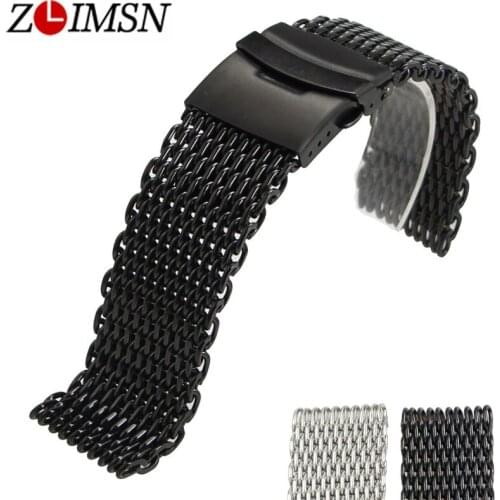 ZLIMSN 22 24mmFor Milanese Mesh Watch Band Sport Bracelet Men Silver Black Double Push Button Stainless Steel Deployment Buckle
