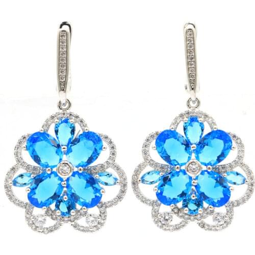 40x20mm Dazzling Created Rich Blue Aquamarine White Zircon Ladies Silver Earrings Wholesale Drop Shipping