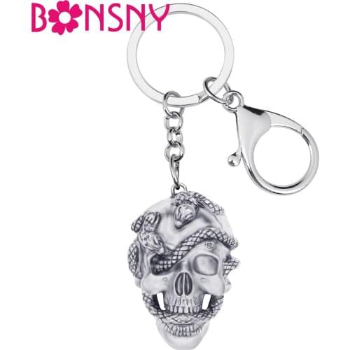 Bonsny Halloween Alloy Antique Gold Plated Snake Skull Keychains Skeleton Keyring Jewelry For Women Kid Teen Fashion Gift Charms