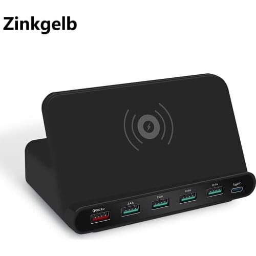 Quick Charger 3.0 Multi Port USB Charger Fast Charging Station with Type C Dock 5W Qi Wireless Charger for iPhone Samsung Huawei