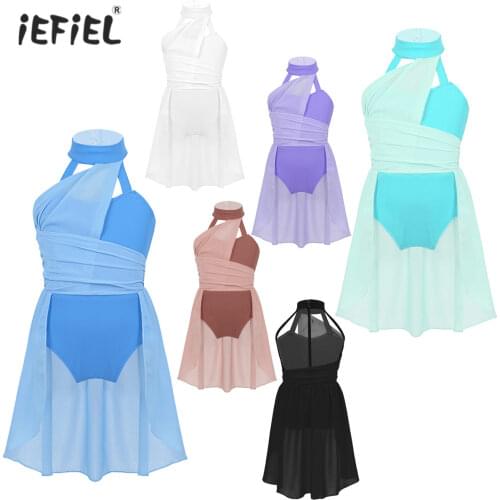 Kids Girls Ruched Chiffon Bodice Caged Back Ballet Dance Costumes Gymnastics Leotard Dress for Lyrical Contemporary Dancewear