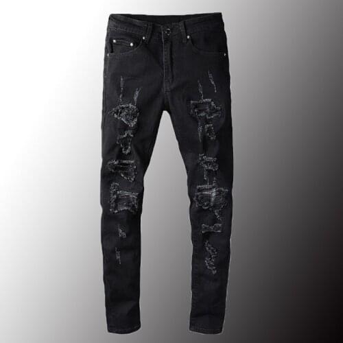 New Mens Black Ripped Biker Jeans Streetwear Slim Skinny Patchwork Pleated Stretch Denim Pants Trousers High Quality Size 40