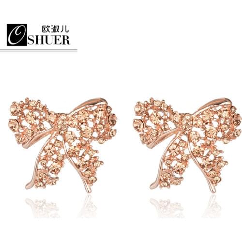 OSHUER Cute Full Rhinestone Alloy Rhinestone Earrings Charming Bowknot Earrings