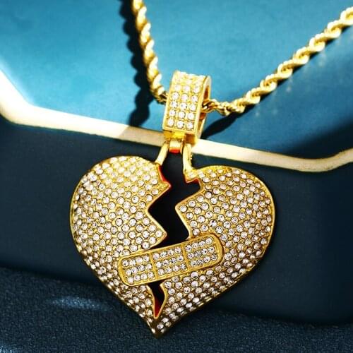 ICEOUTBOX Bling Iced Out Broken Heart Pendant Necklace For Women Mens Hip Hop Jewelry Cubic Zirconia Gold Heart Pendant Chain