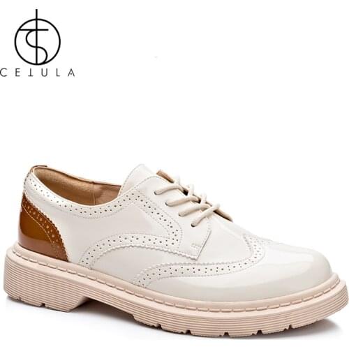 Cetula Handcrafted Lace-up Smooth Patent Leather Classic Brogue Female Oxford&Derby Shoes ft. Stitching Mid-sole&Counter
