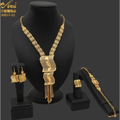 ANIID Gold Jewelry Necklace Set Ring Bracelet Bridal Earring Ethiopian Gold African Jewelry Dubai Party Wedding 24K Golden Woman