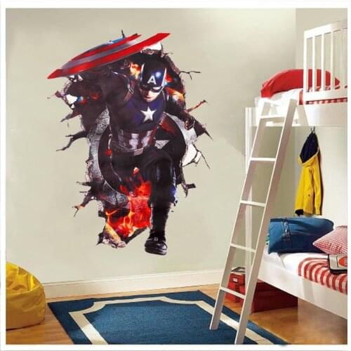Handsome Avengers through wall stickers for kids rooms bedroom diy wall art decals 3d Captain America smashed decorative posters