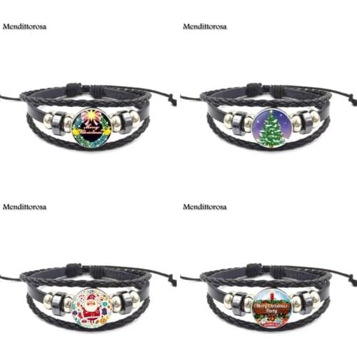 Mendittorosa Santa Claus Glass Cabochon Maxi Black Leather Bracelet Bangle Jewelry For Kids