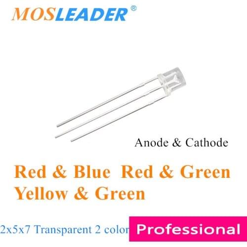 Mosleader 1000pcs 257 led 3P Double color Red and Blue Yellow and Green Red and Green Transparent 2x5x7 Square led Anode Cathode