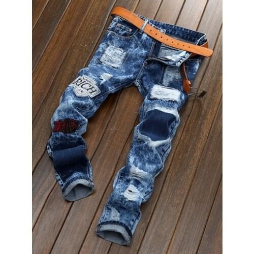 Mens Jeans High Quality Moto & Biker Pants Ripped Jeans Street Jogging Pants Guy Hot Sale Casual Men Badge Letters Jeans