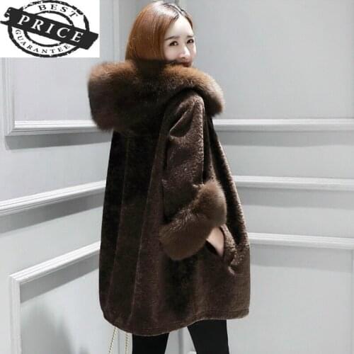 Natural Wool Winter Jacket Women Sheep Shearing Fur Coats Female Parka Real Fox Fur Hooded Warm Spring Clothes LWL13a3
