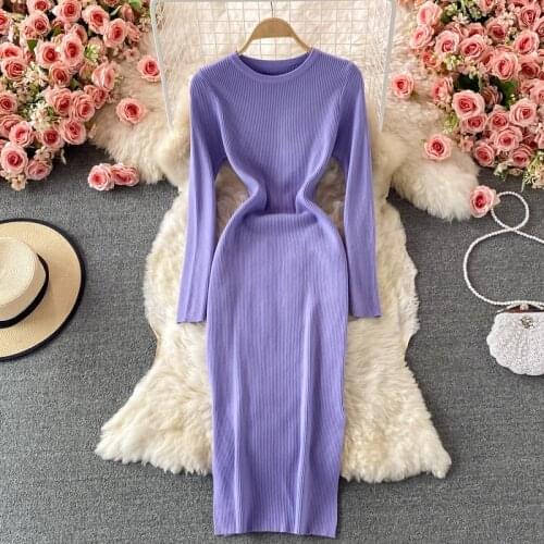 Autumn O neck pullover elastic long-sleeved knitted hip-fitting dress women winter slim tight-fitting hip a-line casual dress