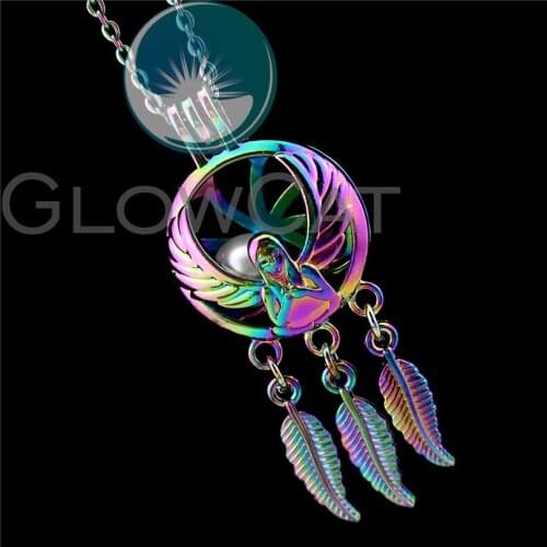 R-C822 Rainbow Color Dreamcatcher Feather Angel Girl Beads Cage Pendant Perfume Diffuser Aromatherapy Pearl Cage Locket Necklace