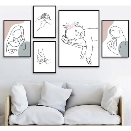 Hand In Hand Poster Mom Baby Art Line Drawing Canvas Print Minimalist Wall Art Painting Nursery Pictures Bedroom Home Decoration