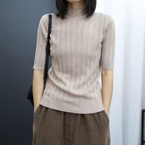 Knitted Women T-shirts 2021 Summer New Solid Slim Half Sleeved Turtleneck Lady Elegant Pulls Tops Tees Outwear Top Quality