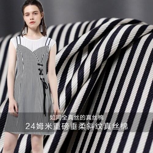 The Cloth 24momme Thicken Silk Cotton Navy Blue Stripe Printed Garment Materials Summer Dress DIY clothes fabrics Freeshipping