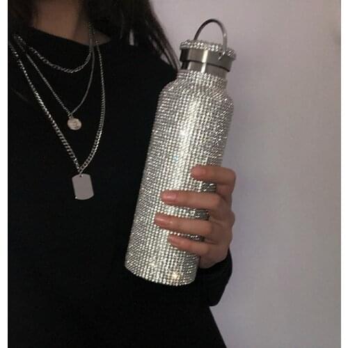 High-end Insulated Bottle Sparkling Rhinestone Stainless Steel Water Bottle with Lid Thermal Bottle Bling Diamond Thermo Silver