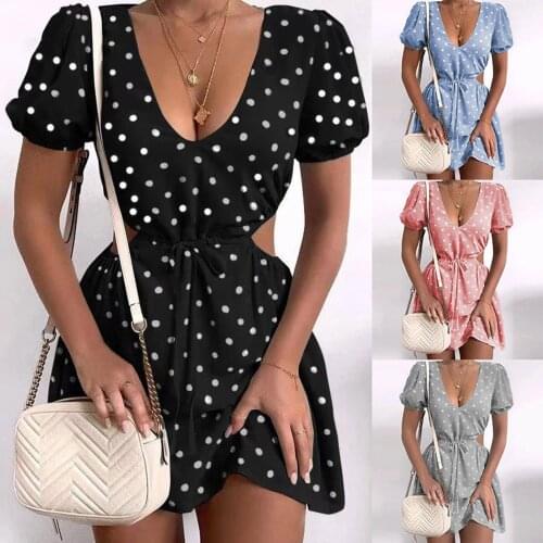 2021 Summer V-neck Sexy Dress Female Polka Dot Print Puff Sleeve Hollow Harajuku Lace-up Short Dress