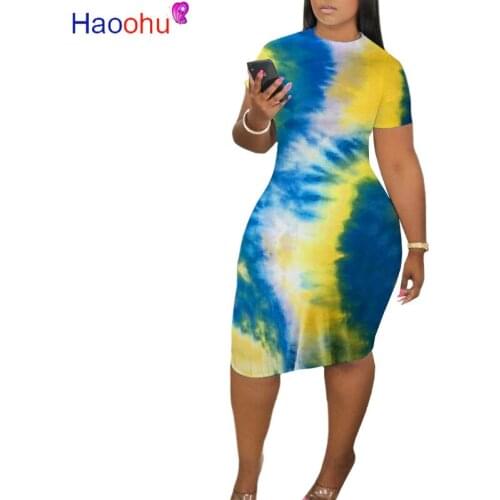 HAOOHU Women Tie Dye Print O-neck Short Sleeve Bodycon Midi Dress Sexy Party Club Bandage Knee Length Pencil Dresses