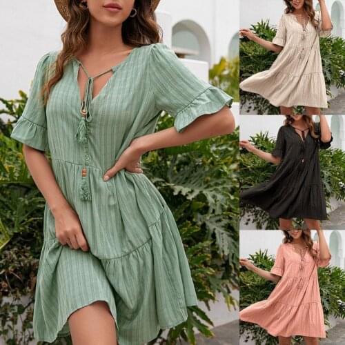 Dress Vertical Stripe Stylish Polyester Loose Type V-neck Women Dress for Party