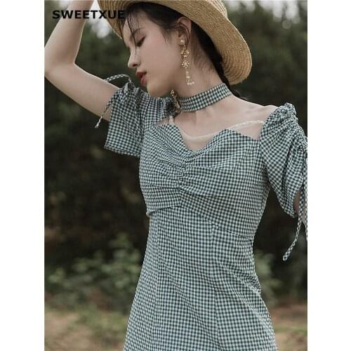 SWEETXUE Womens Retro Fresh Mesh Patchwork Sexy Hollow Lattice Fashion Beach Holiday Dress Female