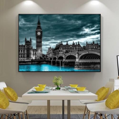Famous Big Ben Danube Landscape Canvas Painting Oil Posters Wall Art Prints Picture Mural for Living Room Home Decor Cuadros