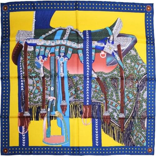 100% Pure Silk Scarf Women Saddle Print Square Scarves Wraps Manual Hand Rolled Head Hijabs Curled Silk Foulards Bandana 90CM