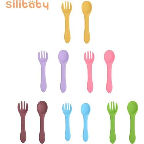 2Pcs Baby Silicone Spoon Fork Candy Color Children Tableware Baby Learning Spoon Newborn Non-slip Spoon Boy Girl Feeding Tool