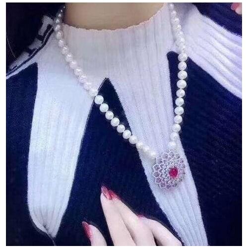 Noble jewelry huge 9-10mm AAA Freshwater natural white pearl pendant 925silver 18inch