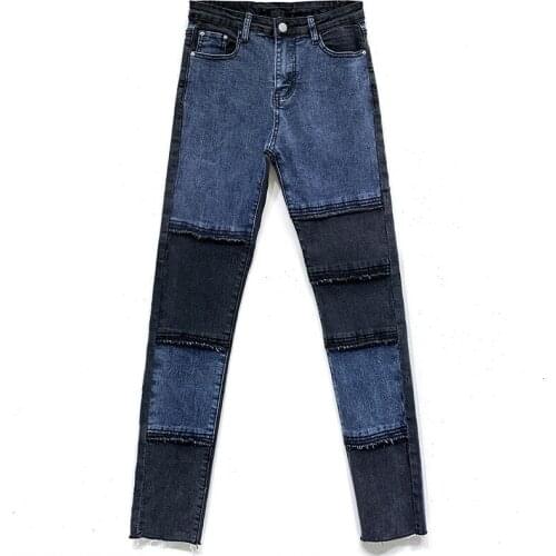High Waist Patchwork Trousers Korean Fashion Ladies Stitching Long Ladies Denim Trousers Leisure Women Pencil Pants