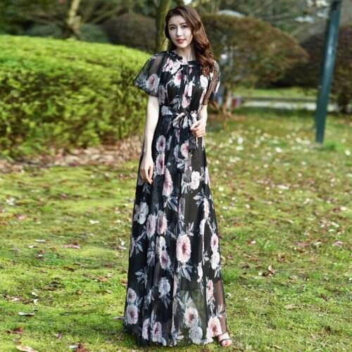 Womens Short Sleeve Flowy Chiffon Maxi Dress Holiday Beach Floral Sundress bohemia plus size easter honeymoon Hawaii Long D