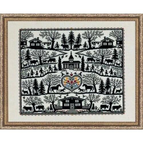 Top Quality hot selling beautiful counted cross stitch kit Busy village Country Farm Sampler Farm work horse monochrome