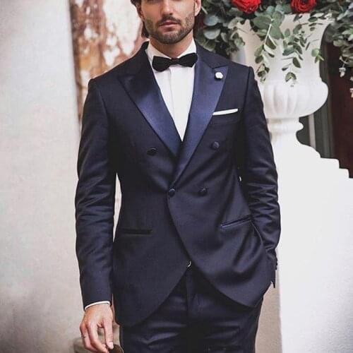 Handsome Groom Wedding Tuxedos Peaked Lapel Slim Fit Double Breasted Groomsmen Wear Formal Prom Men Suit Blazer(Jacket+Pants)