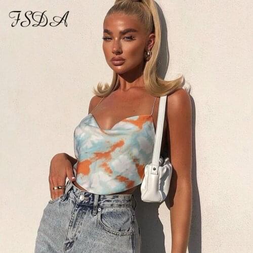 FSDA 2021 Tie Dye Print Satin Crop Top Women Sexy Y2K Spaghetti Strap Party Backless Summer Casual Off Shoulder Tank Tops