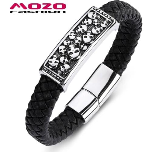 MOZO Fashion Classic Mens Bracelets Black Leather Skeleton Stainless Steel Magnet Buckle Bangles High Quality Jewelry