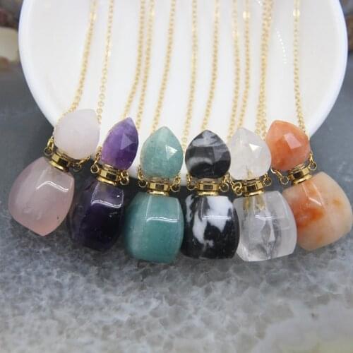 Natural Quartz Quadrilateral Perfume Bottle Necklace Semi-Precious Pendants Memorial Jewelry,Women Gift,Diffuser Vial Keepsake