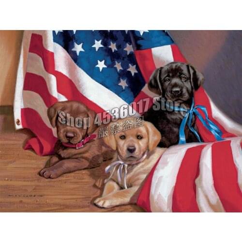 Full Embroidery American Puppy Dogs Patriotic 4th of July Diy Diamond Painting Cross Stitch Diamond Mosaic Sets Home Decorative