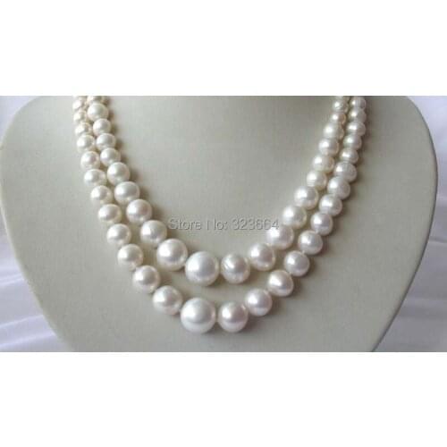 Stunning 2rows 6-12mm round white freshwater cultured pearl necklace