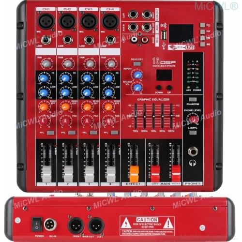 Pro Red 4 Channel Bluetooth Audio Mixer 4-Input 2-Bus XLR 3Pin DJ Live Sound Mixing Console with USB MP3 EQ 48V Phantom Power