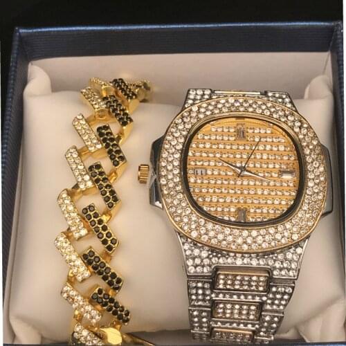 Luxury Gold Hip Hop Jewelry Stylish Watch & Braclete Combo Set Men Ice Out Cuban Watch Men Rock Chain Braclete Hip Hop For Men