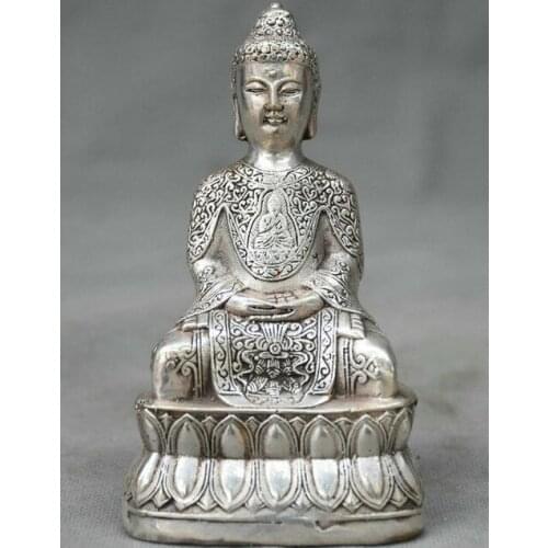 4.8" Old Chinese Silver Buddhism Seat Shakyamuni Amitabha Buddha Sculpture