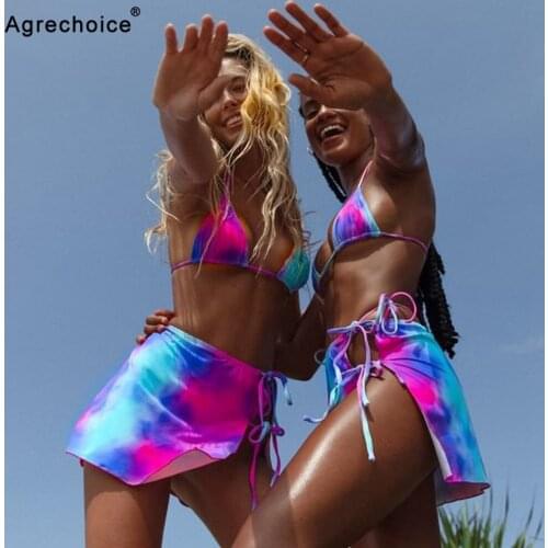 Sexy Three Pieces Bikini Set 2021 Halter Swimwear Women Swimsuit Tie-Dye Print Bikini With Skirt Summer Beach Wear Bathing Suits
