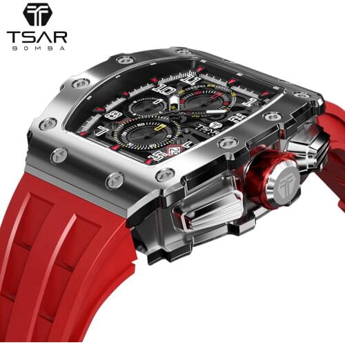 TSAR BOMBA Mens Watch Top Brand Luxury Tonneau Design 50M Waterproof Stainless Steel Wristwatch Sport Chronograph Watch for Men