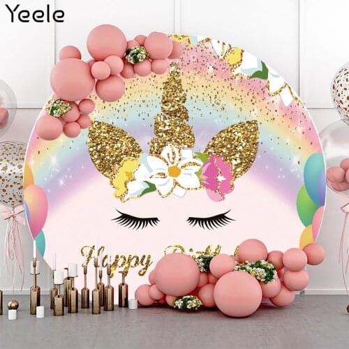 Yeele Birthday Backdrop Round Circle Unicorn Golden Dots Flowers Photocall Party Decor Customized Banner Photo Backdground Props