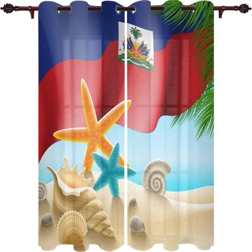 Haiti Flag Day Beach Starfish And Shells Window Curtains Kitchen Bedroom Drapes Home Decor Luxury Curtains for Living Room
