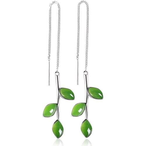 925 Sterling Silver Natural Green Jade Drop For Women Plant Leaves Wedding Earrings Jewelery Certificate with Gift Box
