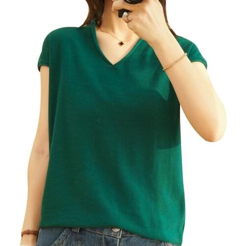 2021 V-neck pullover sweater women cotton Korean version is thin short-sleeved all-match summer T-shirt thin NS4780