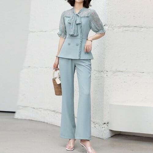 New Women Summer Women Spliced Chiffon Print Short Sleeve Shirt Tops Flare Pants Suit 2 Piece Set Office Casual Lady Set