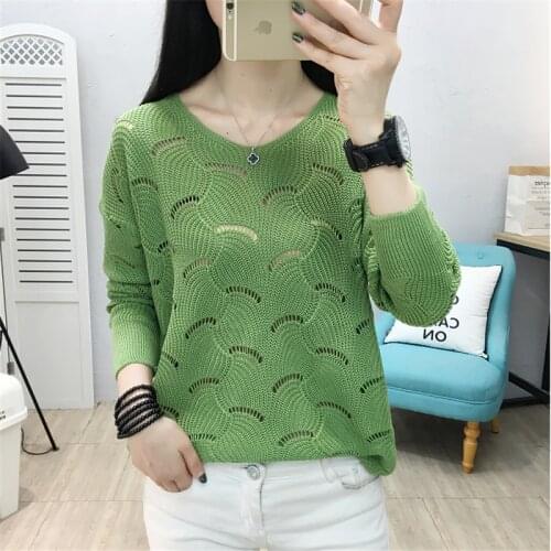 2020 Spring Cutout Knitted Sweater Women Pullover Summer Loose Ice Silk Thin Section Long Sleeve V-neck Solid Tops Women G260